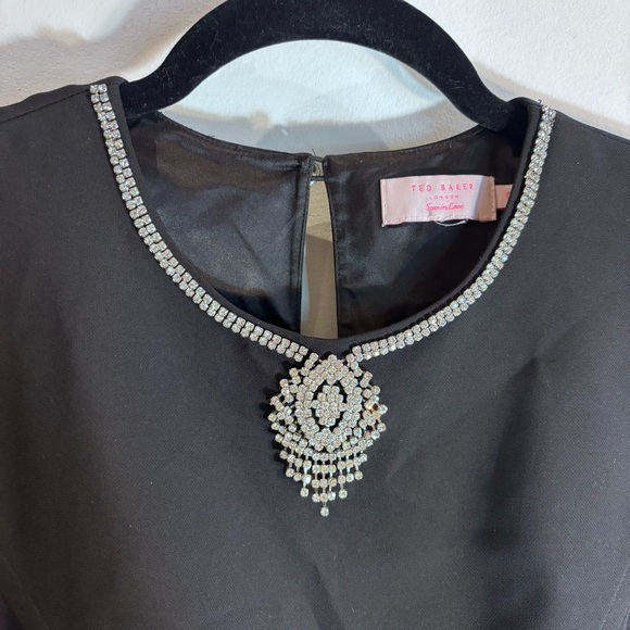 TED BAKER Sz 0 Elegant Black Over the Knee Dress Sheer Sleeves Jeweled Neckline - Picture 3 of 13